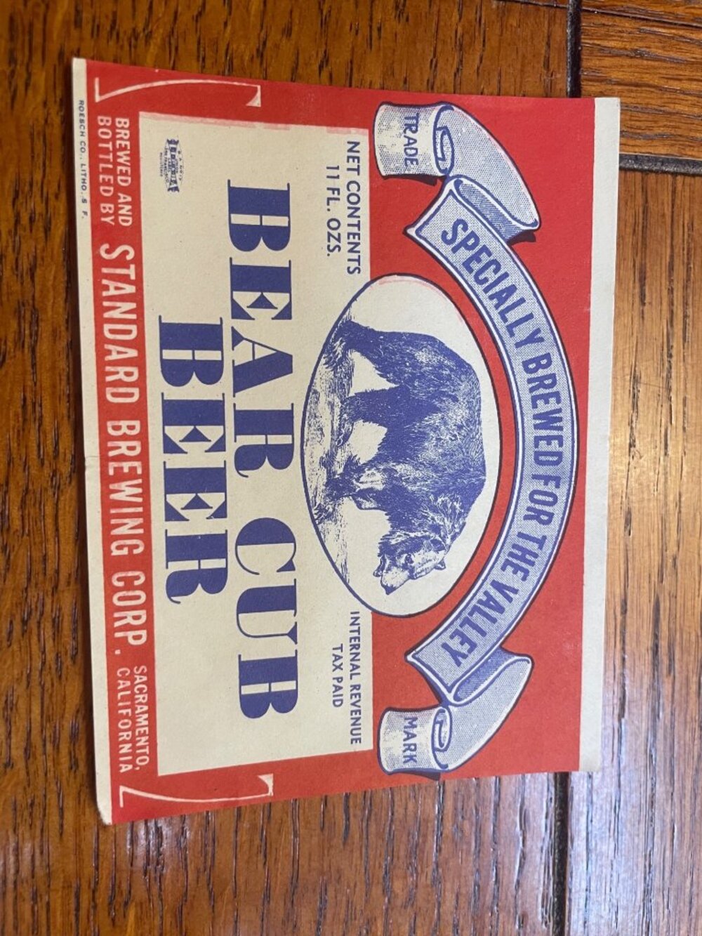 Vintage Bear Cub Beer Label - Standard Brewing Corp Sacramento CA 11 Fl Oz Red &